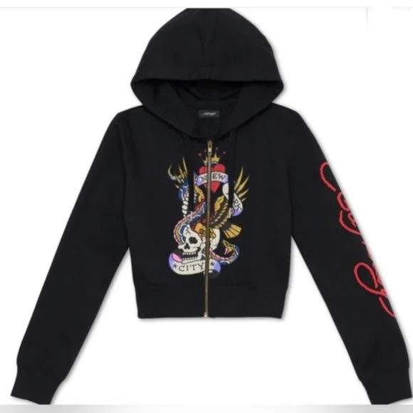 Ed Hardy Black New York City Nyc Skull Cropped Hoodie Size Large. - Picture 1 of 12
